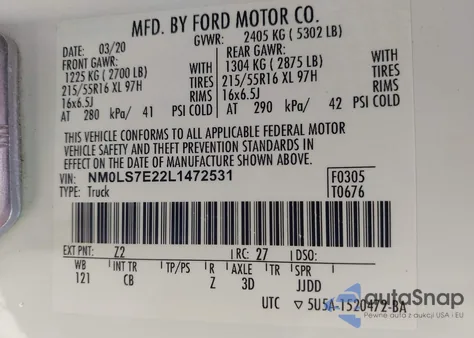 2020 Ford Transit Connect Xl из США, поврежденный, VIN NM0LS7E22L1472531